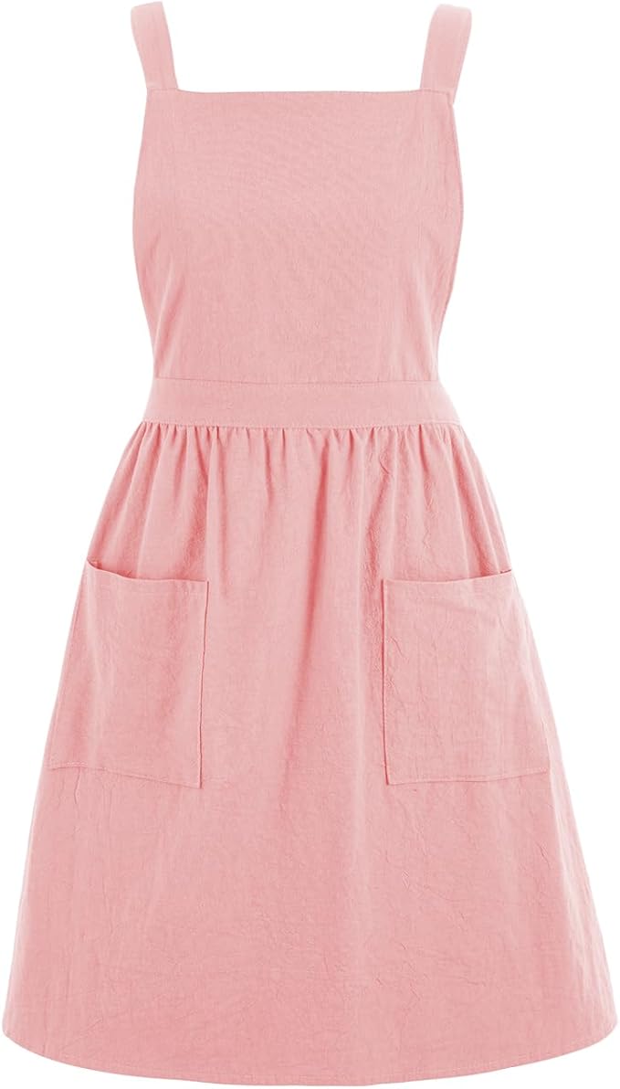 Pinknoke Cotton Linen Pinafore Apron Dress for Women with Pockets Cute Art Chef Aprons for Kitchen Baking Gardening Painting