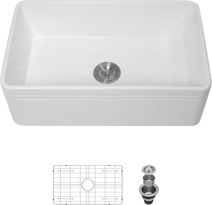 Sarlai 30 Farmhouse Sink White - 30 x 18 Inch Kitchen Sink Apron Front Reversible White Ceramic Porcelain Fireclay Single Bowl Farm Sinks Basin