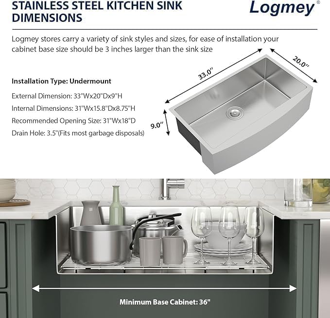Logmey 33 Inch Apron Front Farmhouse Kitchen Sink,33x20 Premium 16 Gauge Stainless Steel Deep Single Bowl Sink,Ideal for Home Cooking,Cleaning & Daily Kitchen Use,Noise Reduction