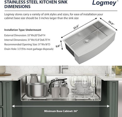 Logmey 33 Inch Apron Front Farmhouse Kitchen Sink,33x20 Premium 16 Gauge Stainless Steel Deep Single Bowl Sink,Ideal for Home Cooking,Cleaning & Daily Kitchen Use,Noise Reduction