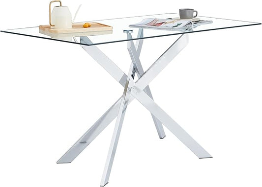 Glass Dining Table for 4 People, 51.2 Inches Rectangular Glass Kitchen Table with Silver Steel Legs, Modern Dining Room Table for Dinner Kitchen Dining Room