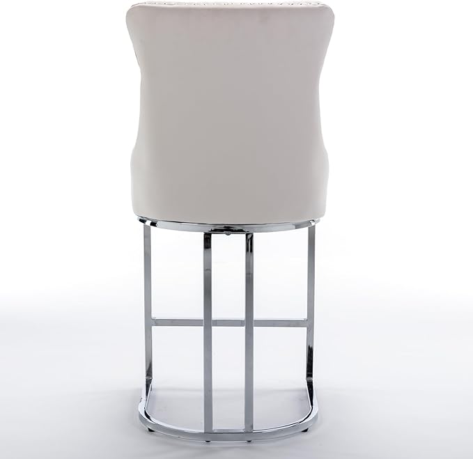 26" Counter Height Bar Stools Set of 2, Modern Velvet with Button Back Rivet Trim Upholstered Kitchen Island Chairs with Sturdy Chromed Metal Base Legs Farmhouse Bar Stools, (Beige,2 Pack)