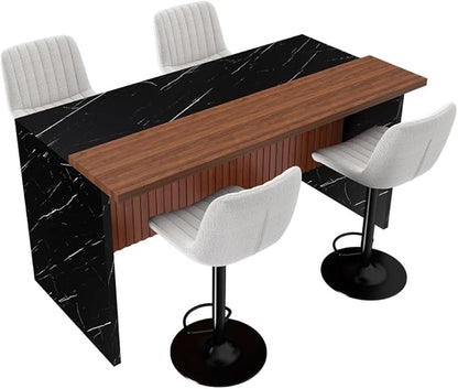63 Inch Kitchen Island with 4 Deep Brown Bar Stools – White Marble Countertop, Integrated LED Lighting & Grille Design, Multi-Functional Breakfast Bar for Dining Rooms, (Black+4beige)
