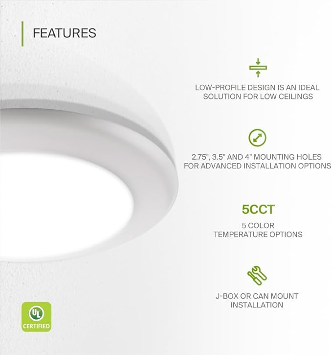 ASD 1 Pack LED Disk Lights 6 Inch, 15W 5CCT 2700K-5000K 1245LM CRI90+, Dimmable Flush Mount Ceiling Light Fixture, Low Profile Surface Mount Disc Lights, Junction Box or Recessed Can Install, UL