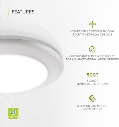 ASD 1 Pack LED Disk Lights 6 Inch, 15W 5CCT 2700K-5000K 1245LM CRI90+, Dimmable Flush Mount Ceiling Light Fixture, Low Profile Surface Mount Disc Lights, Junction Box or Recessed Can Install, UL