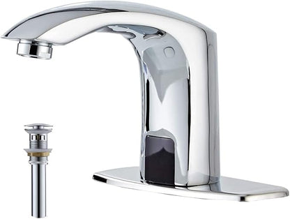 Automatic Bathroom Sink Faucet with Hole Cover Plate Sensor Touchless Dual-Powered Chrome Vanity Faucets Hands Free Water Tap with Control Box and Temperature Mixer Matching Pop Up Drain with Overflow