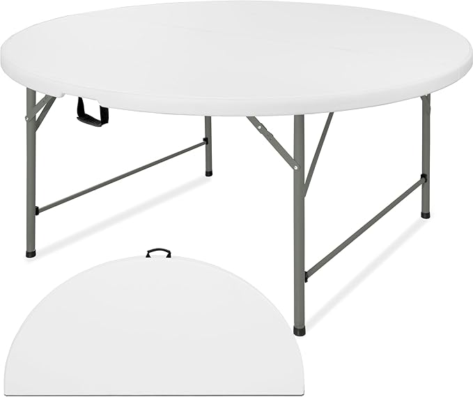 6 FT Round Folding Tables with Carrying Handle 72 inch Heavy Duty Portable Plastic Commercial Table Steel Legs for Party, Dining, Wedding, Events, Picnic Indoor, Outdoor (White,1 Pack)