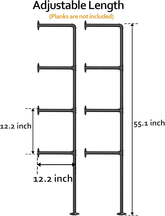 Pynsseu Industrial Iron Pipe Shelf Wall Mount, Farmhouse DIY Open Bookshelf, Pipe Shelves for Kitchen Bathroom, bookcases Living Room Storage, 2Pack of 4 Tier