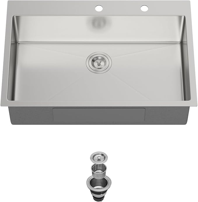 33 Inch Drop in Kitchen Sink-33x19 Drop in Kitchen Sink 18 Gague Topmount Stainless Steel Single Bowl Handmade Sinks Large Deep Basin 33"x19"x9"