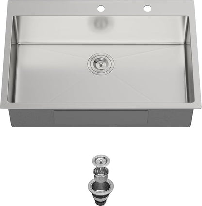 33 Inch Drop in Kitchen Sink-33x19 Drop in Kitchen Sink 18 Gague Topmount Stainless Steel Single Bowl Handmade Sinks Large Deep Basin 33"x19"x9"