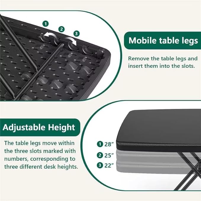 30 Inch Folding Table, Adjustable Height TV Tray for Small Spaces, Heavy Duty Foldable Utility Table for Laptop, Dining, Camping, No Assembly, 200 lbs Capacity, Black Granite