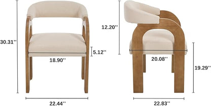 Farmhouse Dining Chairs Set of 2 - Upholstered Armchairs with Linen Cushions & Curved Wooden Arms, Barrel Wood Kitchen Chairs for Dining Room/Cafe/Kitchen Island (Oatmeal Beige)