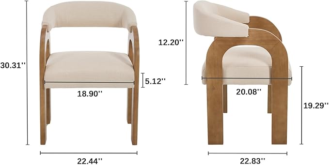 Farmhouse Dining Chairs Set of 6 - Upholstered Armchairs with Linen Cushions & Curved Wooden Arms, Barrel Wood Kitchen Chairs for Dining Room/Cafe/Kitchen Island (Oatmeal Beige)