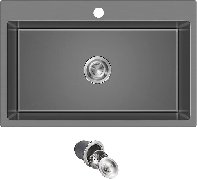 MENATT 28-inch Drop in Kitchen Sink, SUS304 Stainless Steel Single Faucet Hole Single Bowl Topmount Kitchen Sinks (Black), D28" x W18" x H9"