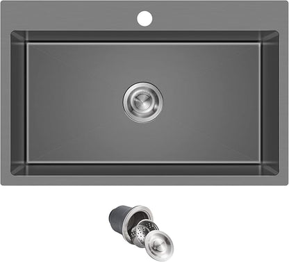 MENATT 28-inch Drop in Kitchen Sink, SUS304 Stainless Steel Single Faucet Hole Single Bowl Topmount Kitchen Sinks (Black), D28" x W18" x H9"