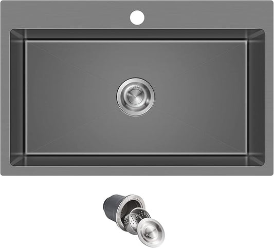 MENATT 28-inch Drop in Kitchen Sink, SUS304 Stainless Steel Single Faucet Hole Single Bowl Topmount Kitchen Sinks (Black), D28" x W18" x H9"