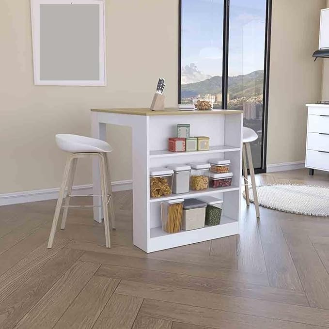 Kitchen Counter Dining Table with 2 Legs and 3 Open Side Shelves Modern Elegant Auxiliary Dining Table for Storage Practical(White)