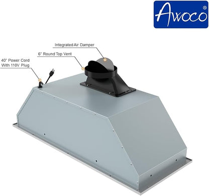 Awoco 14-1/2”D Built-in/Insert Stainless Steel Range Hood, 4-Speed, 650 CFM, LED Lights, Mesh Filters for Wood Hood (36"W 15"D Mesh Filters)