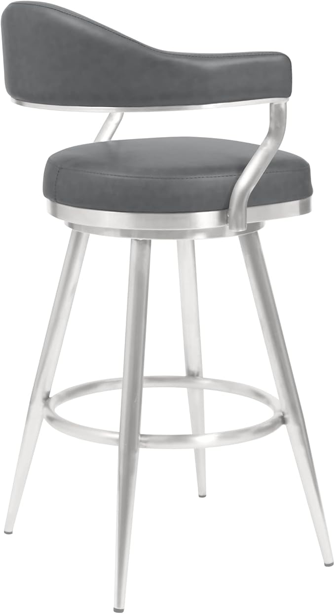 Armen Living Justin Modern Farmhouse 26" Seat Height Swivel Vintage Gray Faux Leather Bar Stool with Brushed Stainless Steel Legs for Kitchen Island Counter