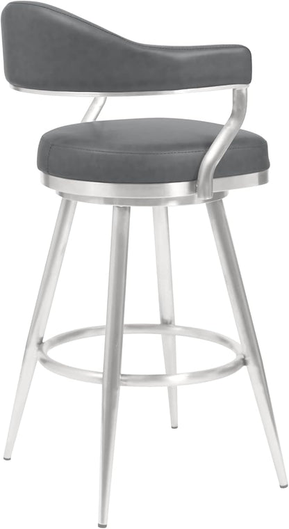 Justin Modern Farmhouse 26" Seat Height Swivel Vintage Gray Faux Leather Bar Stool with Brushed Stainless Steel Legs for Kitchen Island Counter, Set of 2