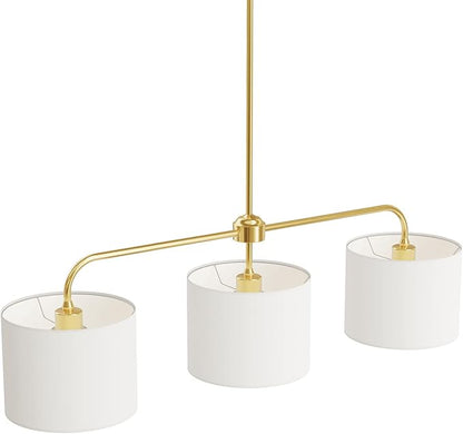 Electro bp 3-Light White Linen Drum Shade Chandelier with Polished Gold Metal Linear Pendant Light Fixture for Kitchen Island, Dining Table, E26, 180W