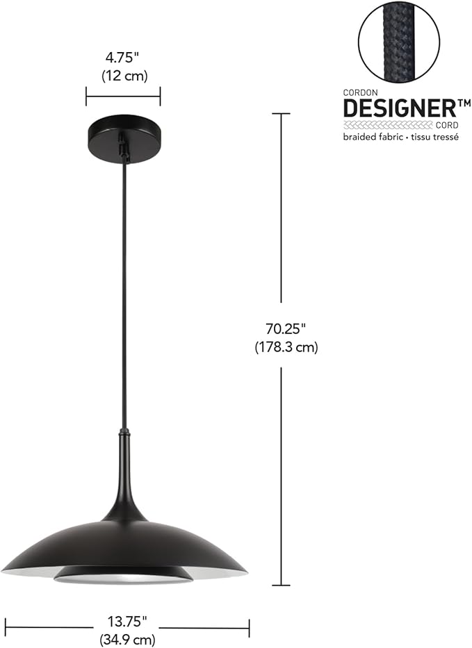 GLOBE Electric x Novogratz 67000104 14W LED Integrated Pendant Light Fixture, Glossy Black, Fabric Cord, Matte White Interior Shade, Dimmable, 800 Lumens, 3000K, 90 CRI, Living Room Pendant Light