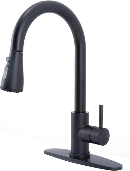 Matte Black Kitchen Faucet with Pull Down Sprayer, Modern Stainless Steel Single Handle Pull Down RV Farmhouse Bar Laundry Kitchen Sink Faucet with Deck Plate for 1 or 3 Hole, UF-KYT010B-D