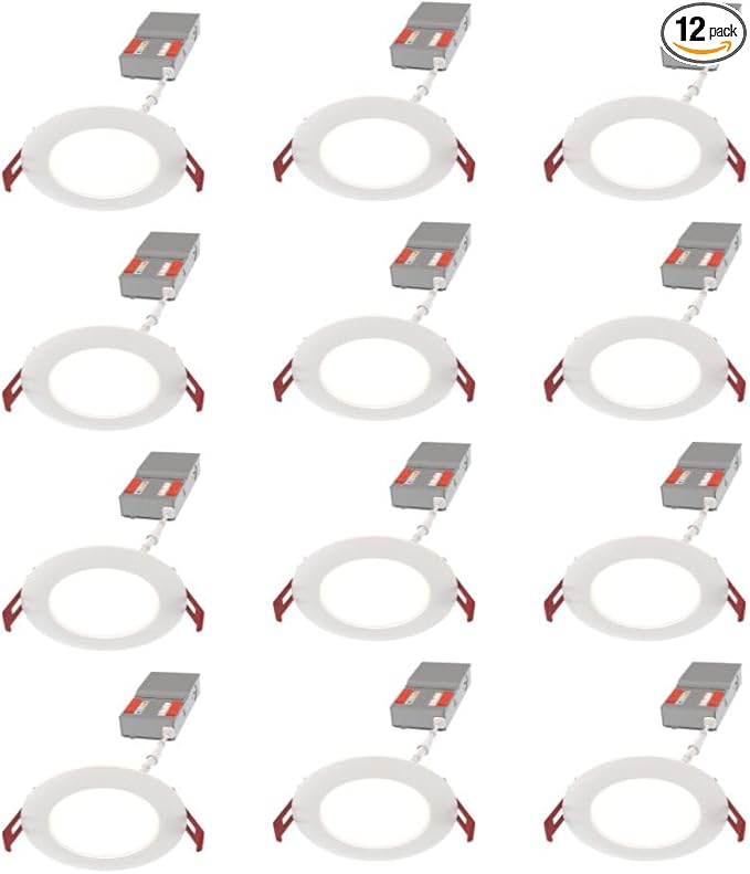 Juno LED Recessed Lights 4 Inch Round Baffle Wafer Downlight, 5-in-1 Switchable White Color Temperature, Adjustable Brightness, 120 Volts, 4-Inch Flat Trim, Matte White (12-Pack)