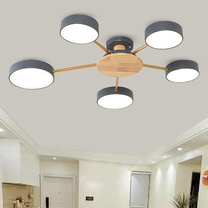 5-Lights LED Ceiling Light Fixture,32 Inch Modern Ceiling Lights Flush Mount Wooden 40W Dimmable Chandelier for Living Room Bedroom Kitchen,3000K/4000K/6000K Grey