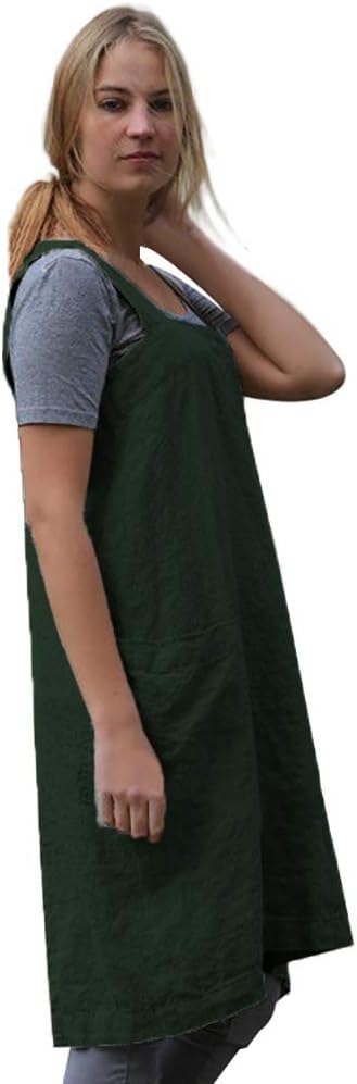 Larmliss Women's Pinafore Square Apron Baking Cooking Gardening Works Cross Back Cotton/Linen Blend Dress with 2 Pockets