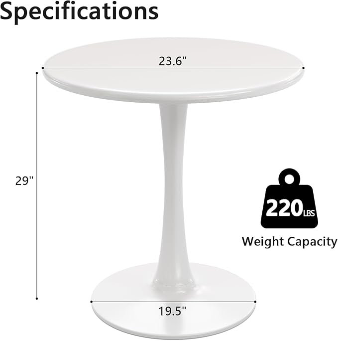 Recximi White Round Dining Table for 2 Person, 24 Inch Small Tulip Table with Metal Pedestal for Living Room, Mid Century Modern Kitchen Table for Kitchen, Office, Pub, Bar, Bistro, Circle Cafe Tables
