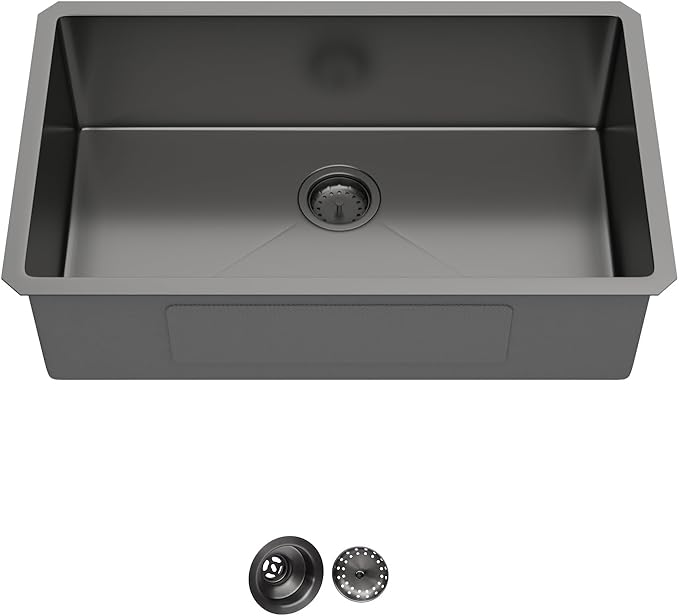 30 Inch Black Undermount Kitchen Sink Single Bowl 18 Guage Stainless Steel 30"x18"x9" Deep Under Counter Kitchen Sinks Basin R10 Round Corners Handmade Sink