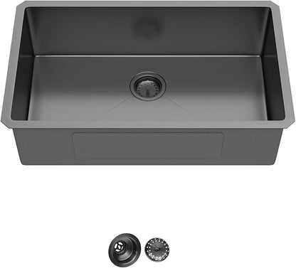 30 Inch Black Undermount Kitchen Sink Single Bowl 18 Guage Stainless Steel 30"x18"x9" Deep Under Counter Kitchen Sinks Basin R10 Round Corners Handmade Sink
