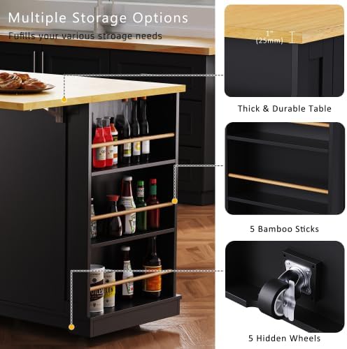 Bellemave 53" Mobile Kitchen Island with Drop Leaf, Rolling Kitchen Cart with Power Outlet and Door Internal Storage Rack, Island Table with 5 Open Side Racks for Dining Room (Black)