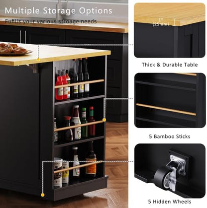 Bellemave 53" Mobile Kitchen Island with Drop Leaf, Rolling Kitchen Cart with Power Outlet and Door Internal Storage Rack, Island Table with 5 Open Side Racks for Dining Room (Black)
