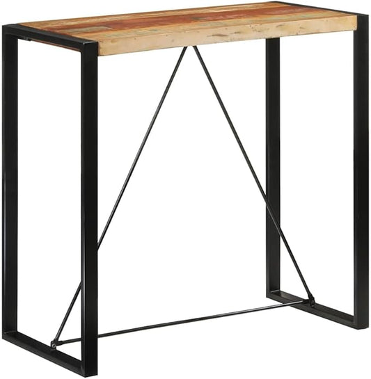 Bar Table 4-Piece Set with Solid Reclaimed Wood and Iron Frame for Outdoor Use, Medium Height Durable Industrial Design in Multicolor Finish