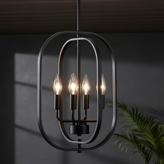 XINGQI Modern Chandeliers for Dining Room, 12.2" Farmhouse Rustic Geometric Pendant Lighting Fixture Metal Black 4-Light Ceiling Lamp for Entryway Bedroom Hallway Foyer Kitchen Office Bar