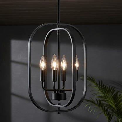 XINGQI Modern Chandeliers for Dining Room, 12.2" Farmhouse Rustic Geometric Pendant Lighting Fixture Metal Black 4-Light Ceiling Lamp for Entryway Bedroom Hallway Foyer Kitchen Office Bar