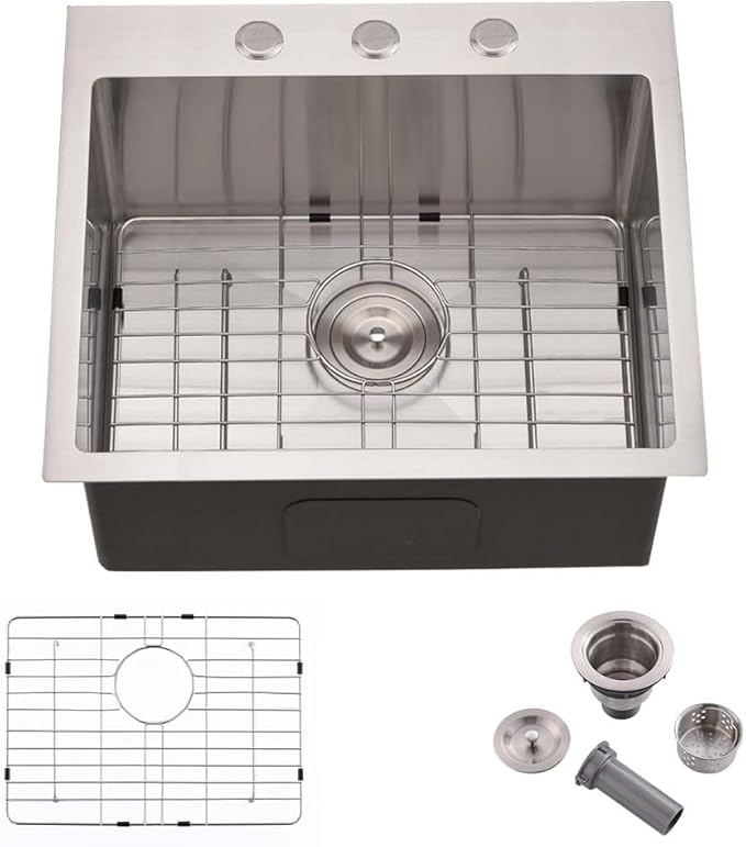 25 Inch Drop in Kitchen sink- 25x20 Inch Kitchen Sink Drop In 16 Gauge Deep Single Bowl Stainless Steel Kitchen Sinks Laundry Utility Sink,3 hole Kitchen Sink