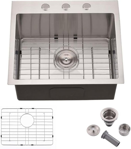 25 Inch Drop in Kitchen sink- 25x20 Inch Kitchen Sink Drop In 16 Gauge Deep Single Bowl Stainless Steel Kitchen Sinks Laundry Utility Sink,3 hole Kitchen Sink