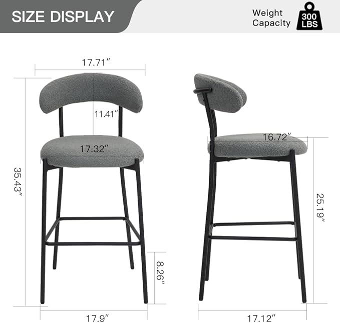 26" Counter Height Bar Stools - Teddy Fabric Upholstered Kitchen Island Stools with Black Powder-Coated Metal Base & Integrated Footrest, Modern Farmhouse Style(Grey)