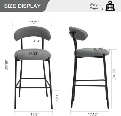 26" Counter Height Bar Stools - Teddy Fabric Upholstered Kitchen Island Stools with Black Powder-Coated Metal Base & Integrated Footrest, Modern Farmhouse Style(Grey)
