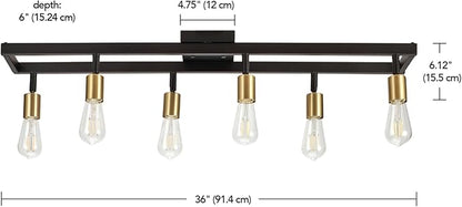 GLOBE Electric 64000096 36" 6-Light Track Lighting, Matte Black, Brass Sockets, Adjustable Pivoting Heads, Ceiling Light Fixture for Kitchen Island, Hallway, or Dining Room, Modern Farmhouse Lights