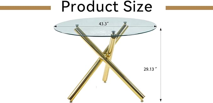 SSLine 43.3" Round Glass Dining Table for 4 Modern Circle Glass Tabletop Kitchen Table for 4 Luxury Dinner Tables with Gold Metal Legs for Home Kitchen Dining Room(Table Only)