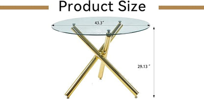 SSLine 43.3" Round Glass Dining Table for 4 Modern Circle Glass Tabletop Kitchen Table for 4 Luxury Dinner Tables with Gold Metal Legs for Home Kitchen Dining Room(Table Only)