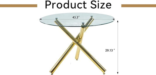 SSLine 43.3" Round Glass Dining Table for 4 Modern Circle Glass Tabletop Kitchen Table for 4 Luxury Dinner Tables with Gold Metal Legs for Home Kitchen Dining Room(Table Only)