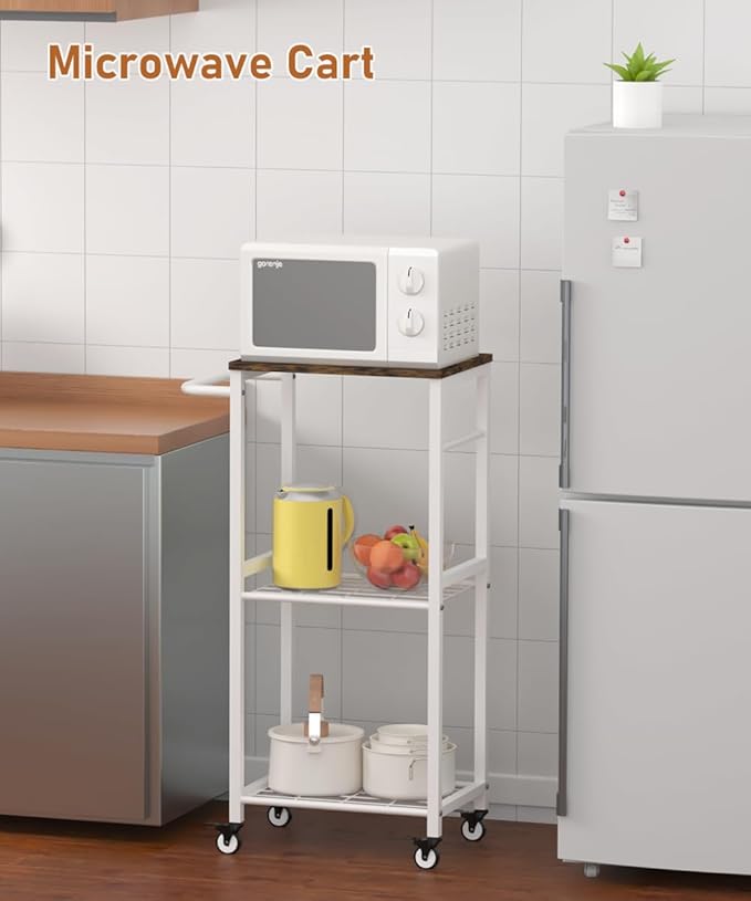 Kitchen Microwave Stand Cart with Storage Rack, 3-Tier Rolling Kitchen Side Table on Wheels with 8 Hooks, Utility Small Coffee Shelf Organizer for Living Room, Bedroom, Bathroom, Office, White