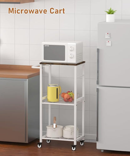 Kitchen Microwave Stand Cart with Storage Rack, 3-Tier Rolling Kitchen Side Table on Wheels with 8 Hooks, Utility Small Coffee Shelf Organizer for Living Room, Bedroom, Bathroom, Office, White
