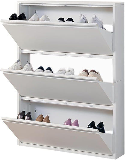 Shoe Storage Cabinet with 3 Flip Drawers, Hidden Slim Narrow Shoe Rack Cabinet, Wall Mount Metal Shoe Cabinet for Entryway, White