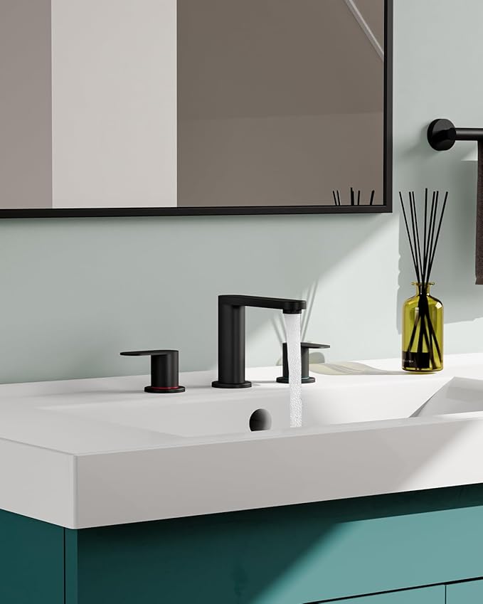 BWE Matte Black Bathroom Faucet 3 Hole - 8 Inch Widespread Bathroom Sink Faucet, Pop-up Drain and Supply Lines, 360° Swivel Spout 2-Handle Black Vanity Faucets for Bath
